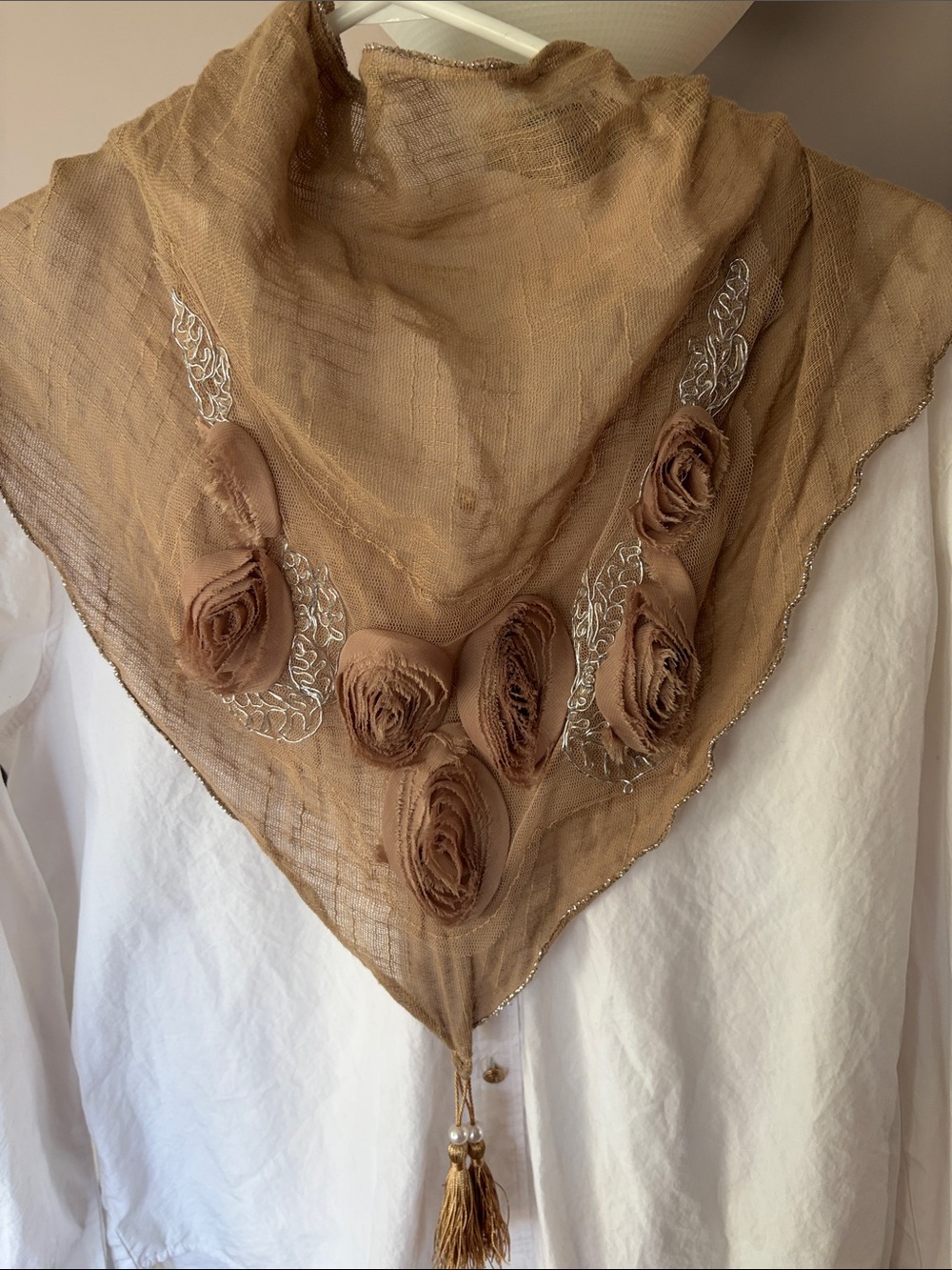 Women’s Tan Floral Appliqué Scarf with Silver Accents